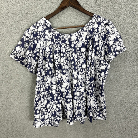 French Connection Top Womens 12 Blue Abstract Floral Short Sleeve Flowy Boho - Picture 3 of 6
